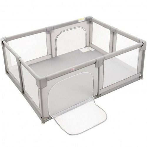 75 x 59 Inch Large Baby Playpen with Breathable Mesh and Zipper Doors-Gray-0