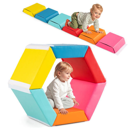 Hexagon Kids Ball Pit Foam Climbing Exercise Mat with Detachable PU Covers-Multicolor-4