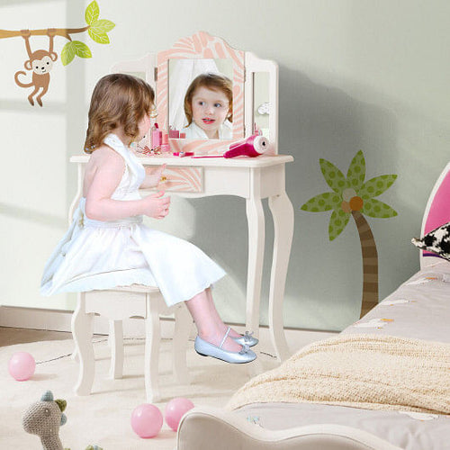 2-in-1 Kids Vanity Table Set with Tri-folding Mirror-Pink-1