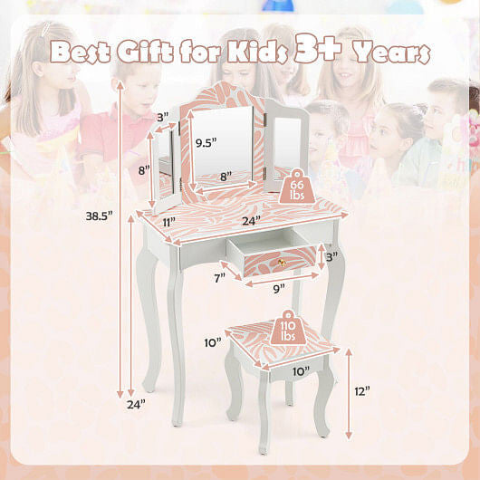 2-in-1 Kids Vanity Table Set with Tri-folding Mirror-Pink-4