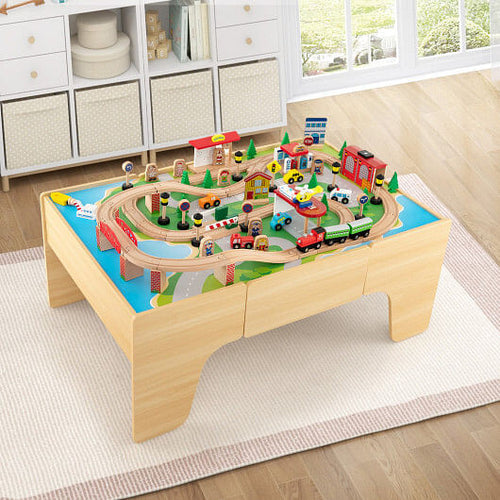 84-Piece Wooden Train Set with Reversible and Detachable Tabletop-1