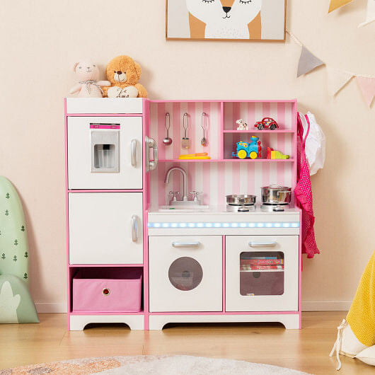 Kids Kitchen Playset Wooden Toy with Adjustable LED Lights and Washing Machine-Pink-1