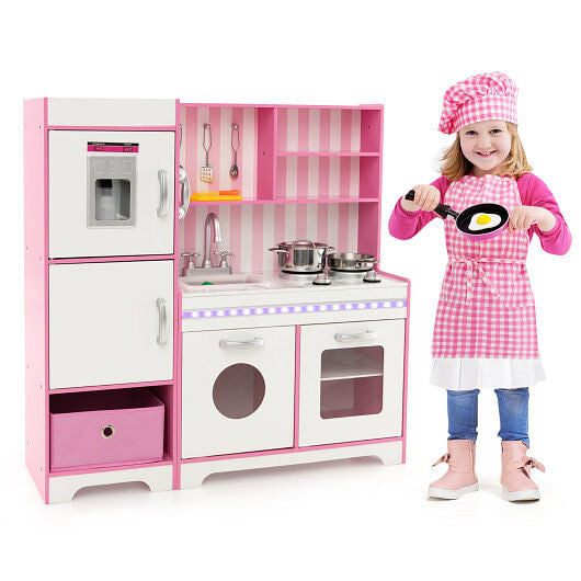 Kids Kitchen Playset Wooden Toy with Adjustable LED Lights and Washing Machine-Pink-3