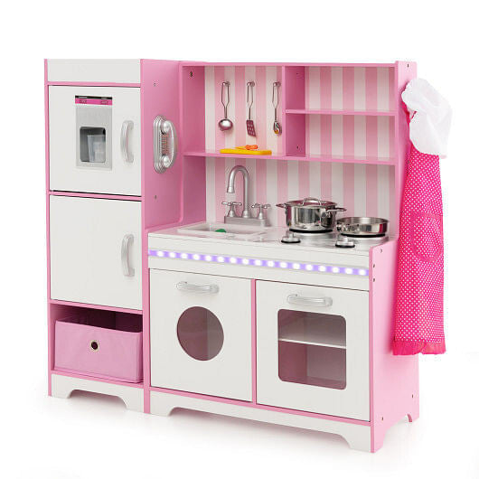Kids Kitchen Playset Wooden Toy with Adjustable LED Lights and Washing Machine-Pink-4