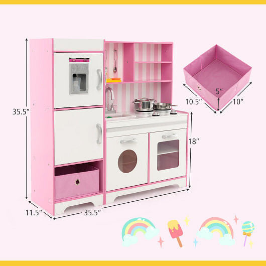 Kids Kitchen Playset Wooden Toy with Adjustable LED Lights and Washing Machine-Pink-2