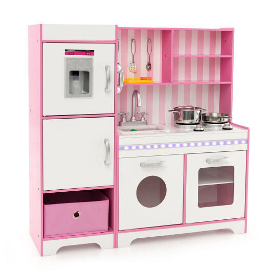 Kids Kitchen Playset Wooden Toy with Adjustable LED Lights and Washing Machine-Pink-0