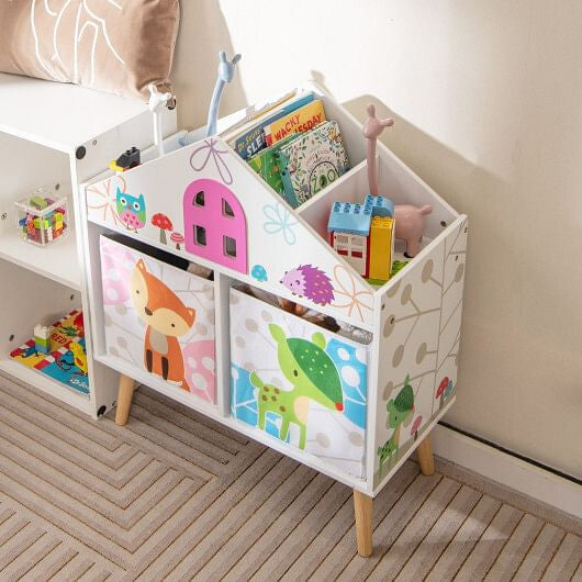 Kids House-shaped Bookshelf with 2 Storage Bins for Kids Room Playroom-White-1