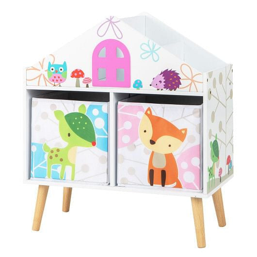 Kids House-shaped Bookshelf with 2 Storage Bins for Kids Room Playroom-White-2