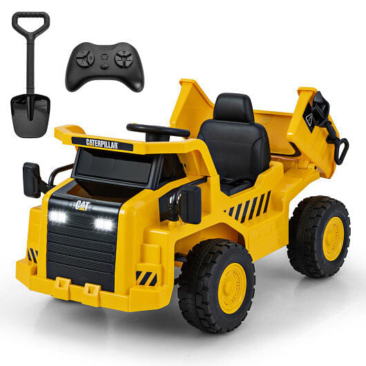 12V Caterpillar Licensed Kids Ride on Dump Truck with Tiltable Bump Bed-Yellow-2