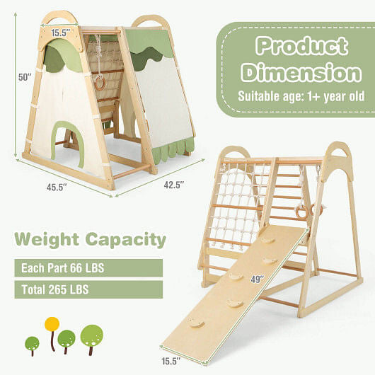 6-in-1 Wooden Kids Jungle Gym Playset with Slide Climbing Net-Natural-2