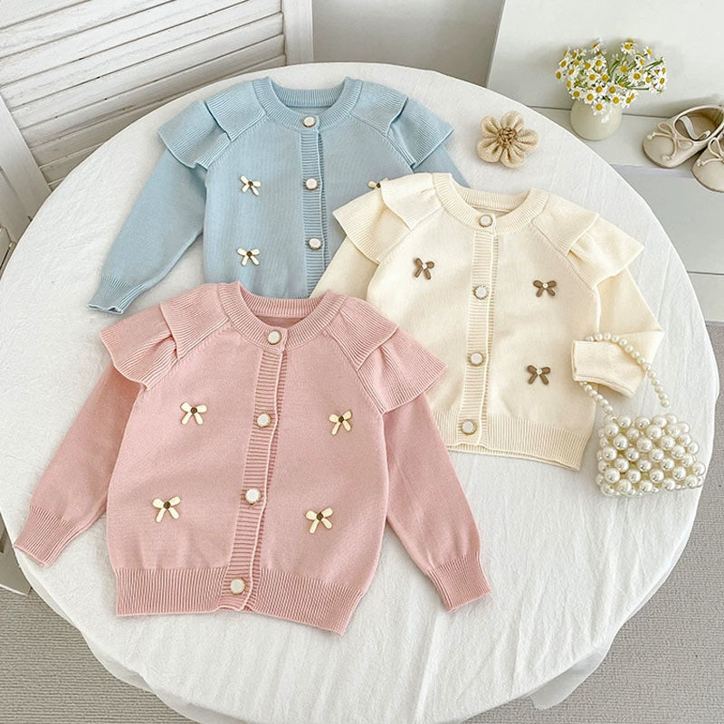 Autumn Arrival Baby Girls Comfortable Butterfly-bow Pattern Knitted Long Sleeves Cardigan-3