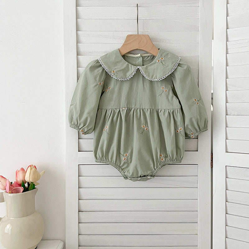 Arrival Autumn Baby Kids Girls Long Sleeves Daisy Floral Embroidery Pattern French Collar bodysuit and Dress – Princess Sister Matching Set-1