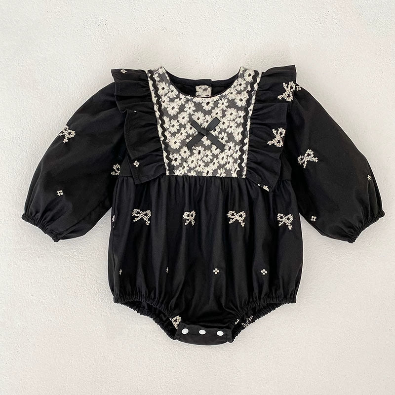 Autumn Arrival Baby Girls Color Patchwork Flowers and Butterfly-bows Pattern Long-sleeved bodysuit and Dress – Princess Sister Matching Set-1