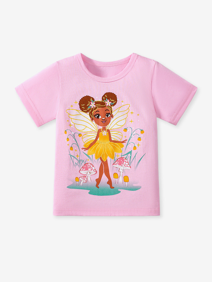 Kids’ Mermaid Cartoon Pattern Short Sleeves T-shirt in European and American Style for Summer-1