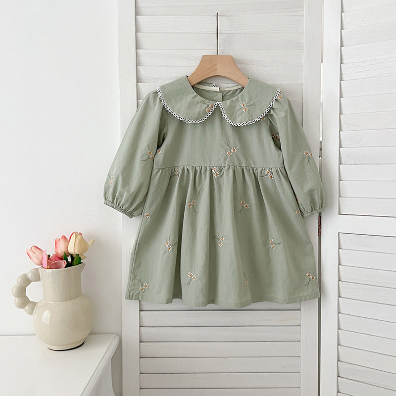 Arrival Autumn Baby Kids Girls Long Sleeves Daisy Floral Embroidery Pattern French Collar bodysuit and Dress – Princess Sister Matching Set-2