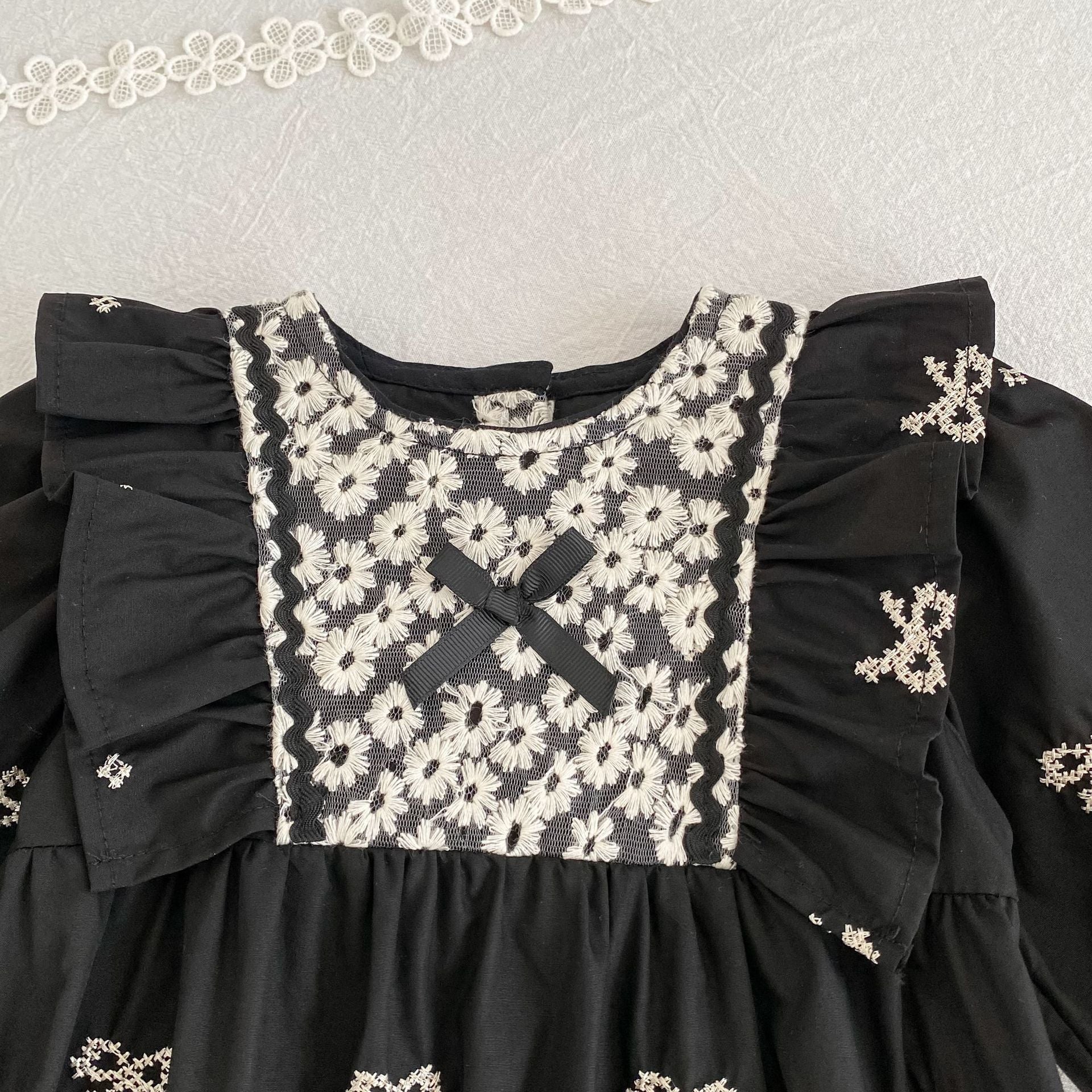 Autumn Arrival Baby Girls Color Patchwork Flowers and Butterfly-bows Pattern Long-sleeved bodysuit and Dress – Princess Sister Matching Set-4