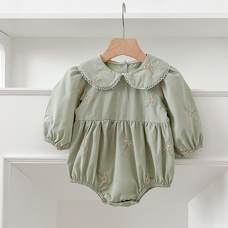 Arrival Autumn Baby Kids Girls Long Sleeves Daisy Floral Embroidery Pattern French Collar bodysuit and Dress – Princess Sister Matching Set-3