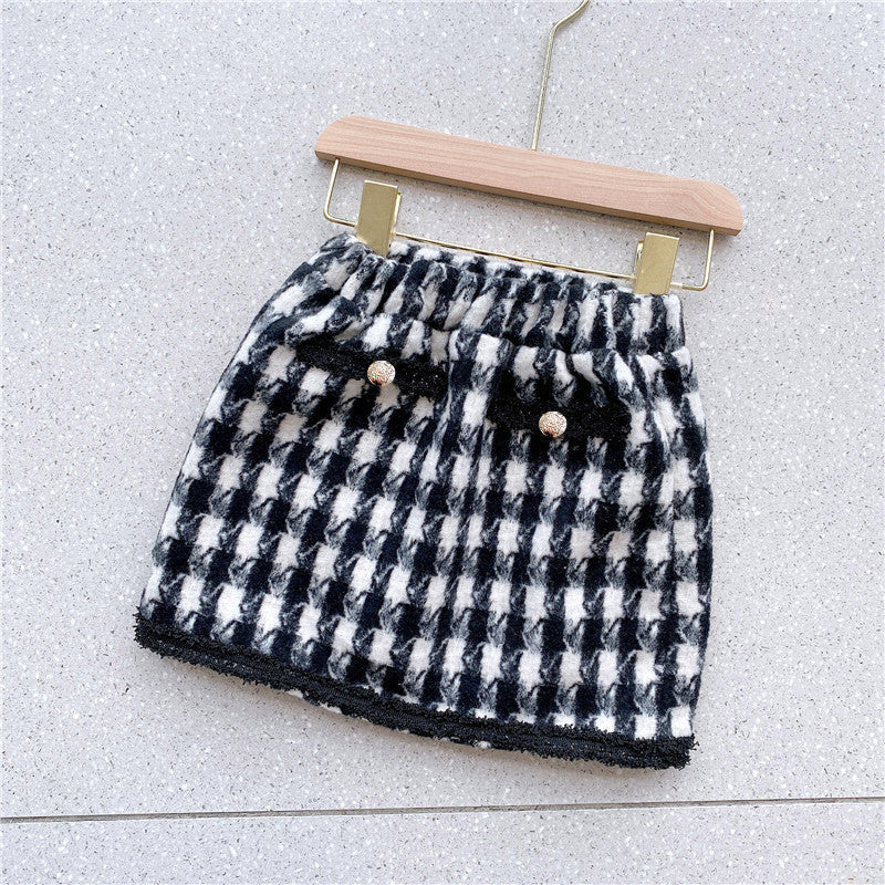 Girls Houndstooth Pattern Single Breasted Cardigan&Skirt Elegant Style Sets-4