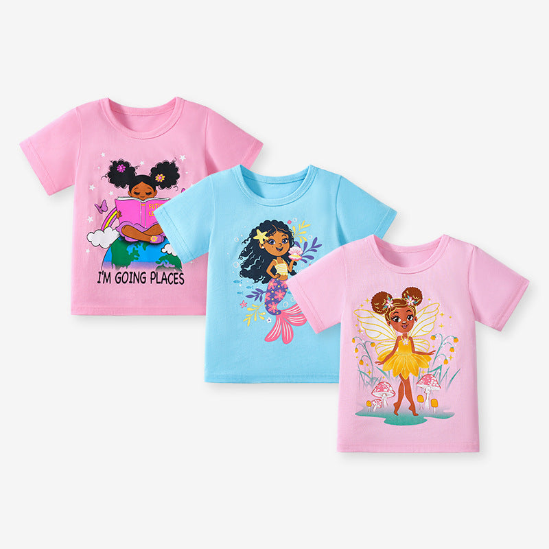 Kids’ Mermaid Cartoon Pattern Short Sleeves T-shirt in European and American Style for Summer-4