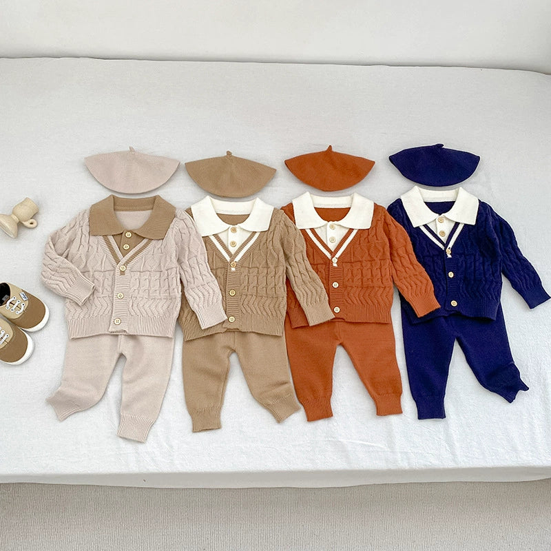 Arrival Autumn Baby Unisex Long Sleeves Geometric Pattern Knitted Top Cardigan and Long Trousers Clothing Set-0