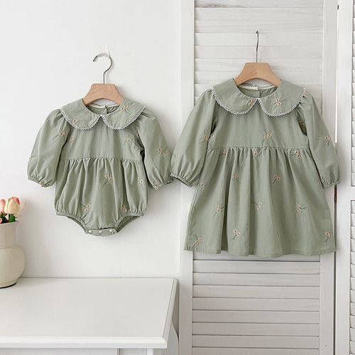 Arrival Autumn Baby Kids Girls Long Sleeves Daisy Floral Embroidery Pattern French Collar bodysuit and Dress – Princess Sister Matching Set-0