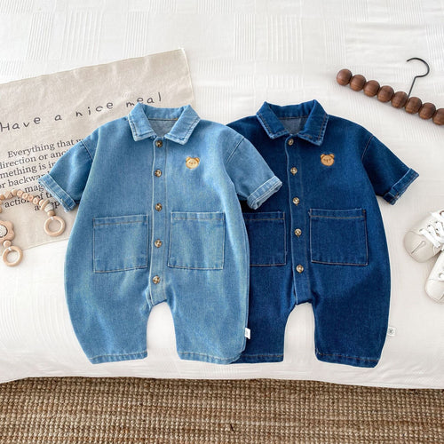 Autumn and Spring Arrival Baby Unisex Long Sleeves Cartoon Pattern Single Breasted Denim Rompers-0