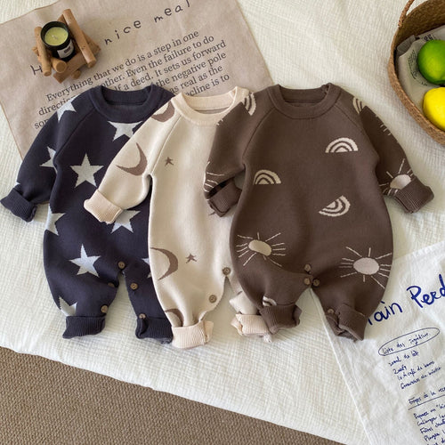 Autumn and Winter Arrival Baby Unisex Long Sleeves Geometric Pattern Knitted Rompers-0